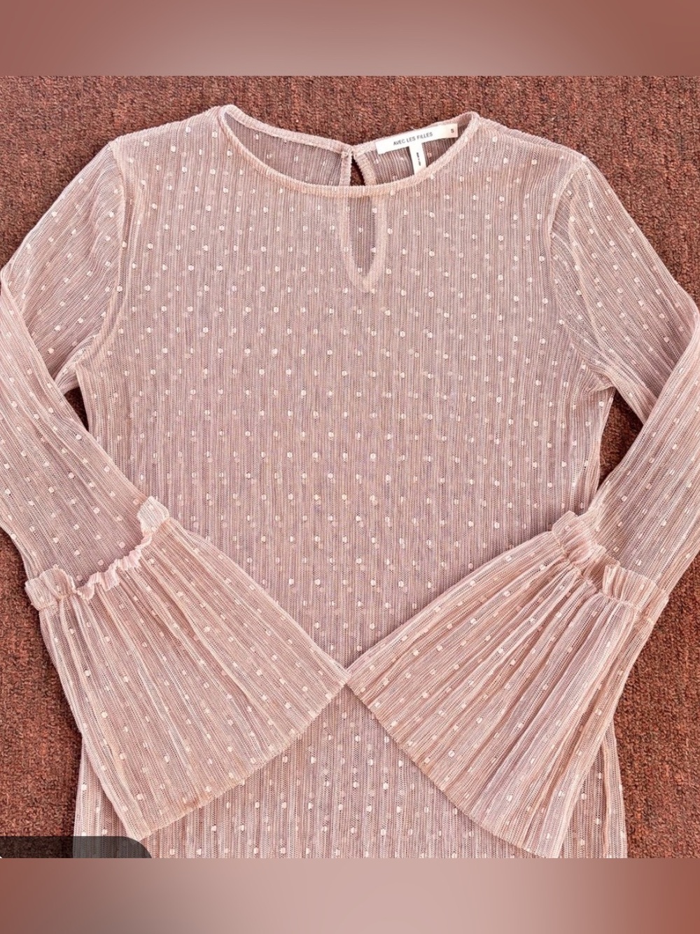 Avec Les Filles Blush Pink Dotted Pleated Bell Sleeve Top